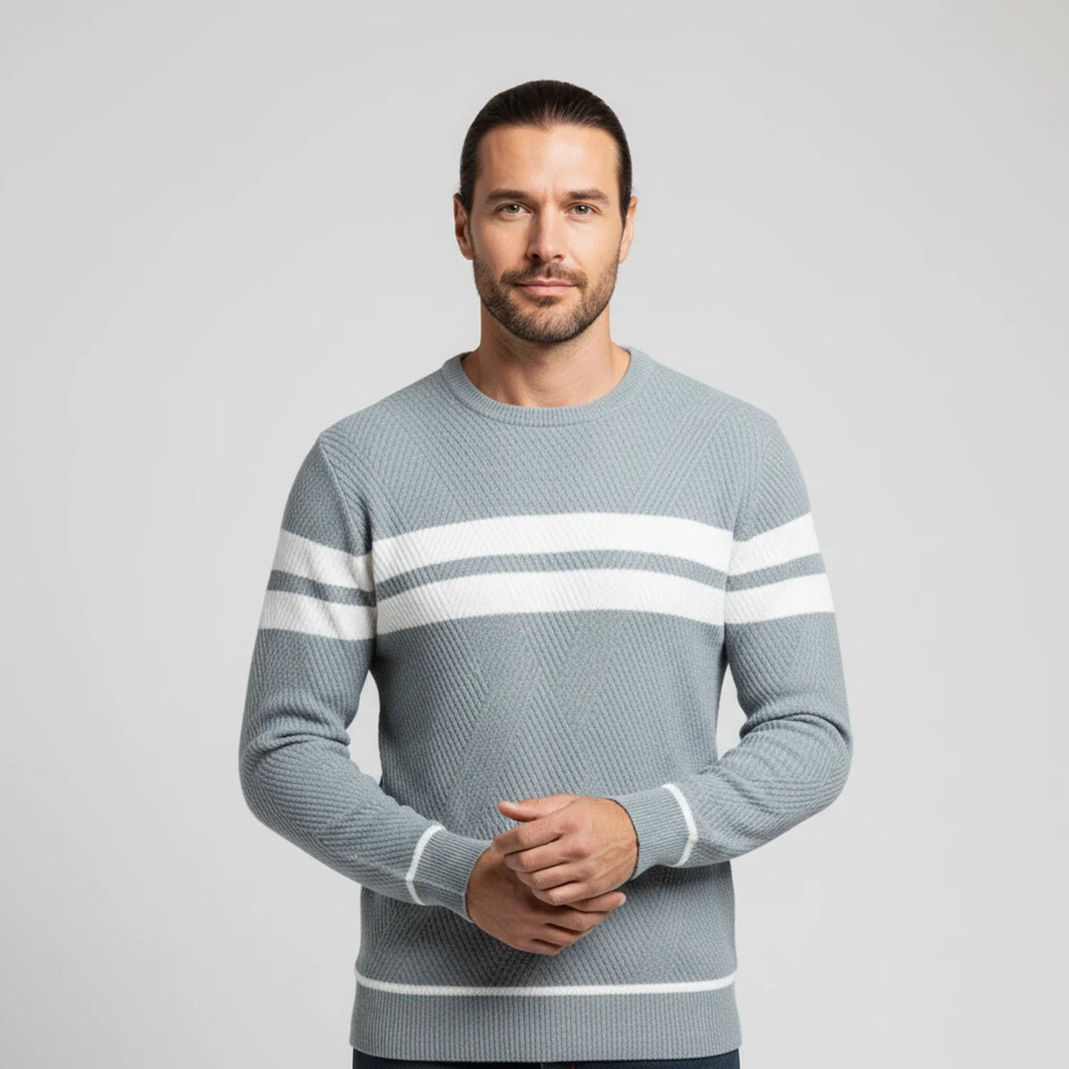Men's olive green striped knit sweater classic fit crew neck with white band detailing