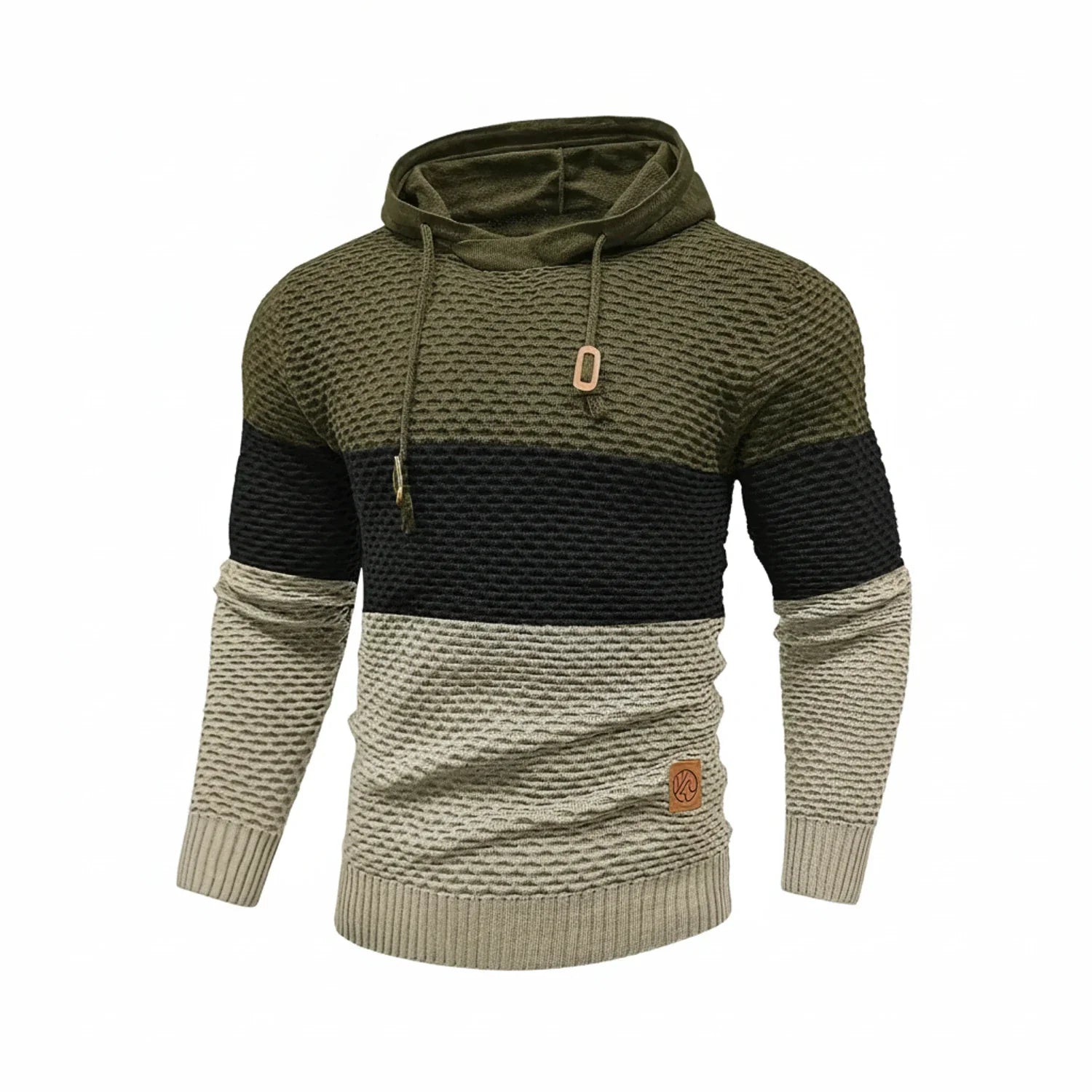 Men's color-block stripe knit hoodie with drawstring hood and ribbed cuffs for cooler weather