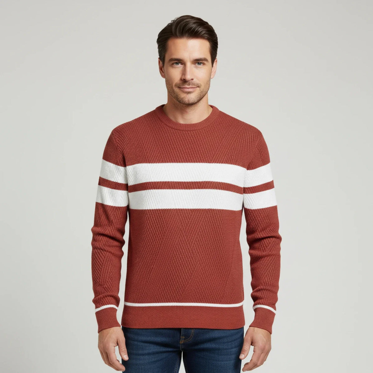 Men's olive green striped knit sweater classic fit crew neck with white band detailing