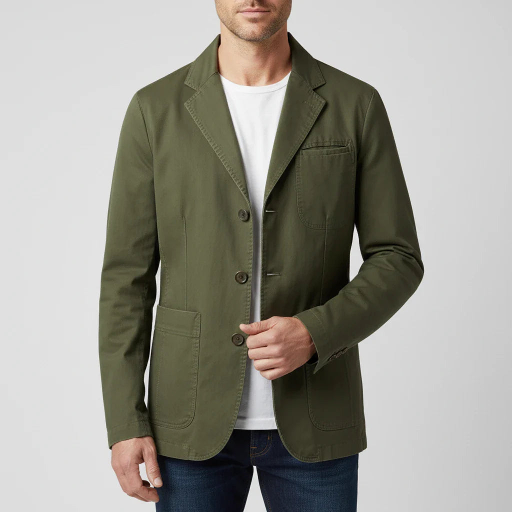 Men's casual blazer with notch lapel, three-button closure, patch pockets, and elbow patches