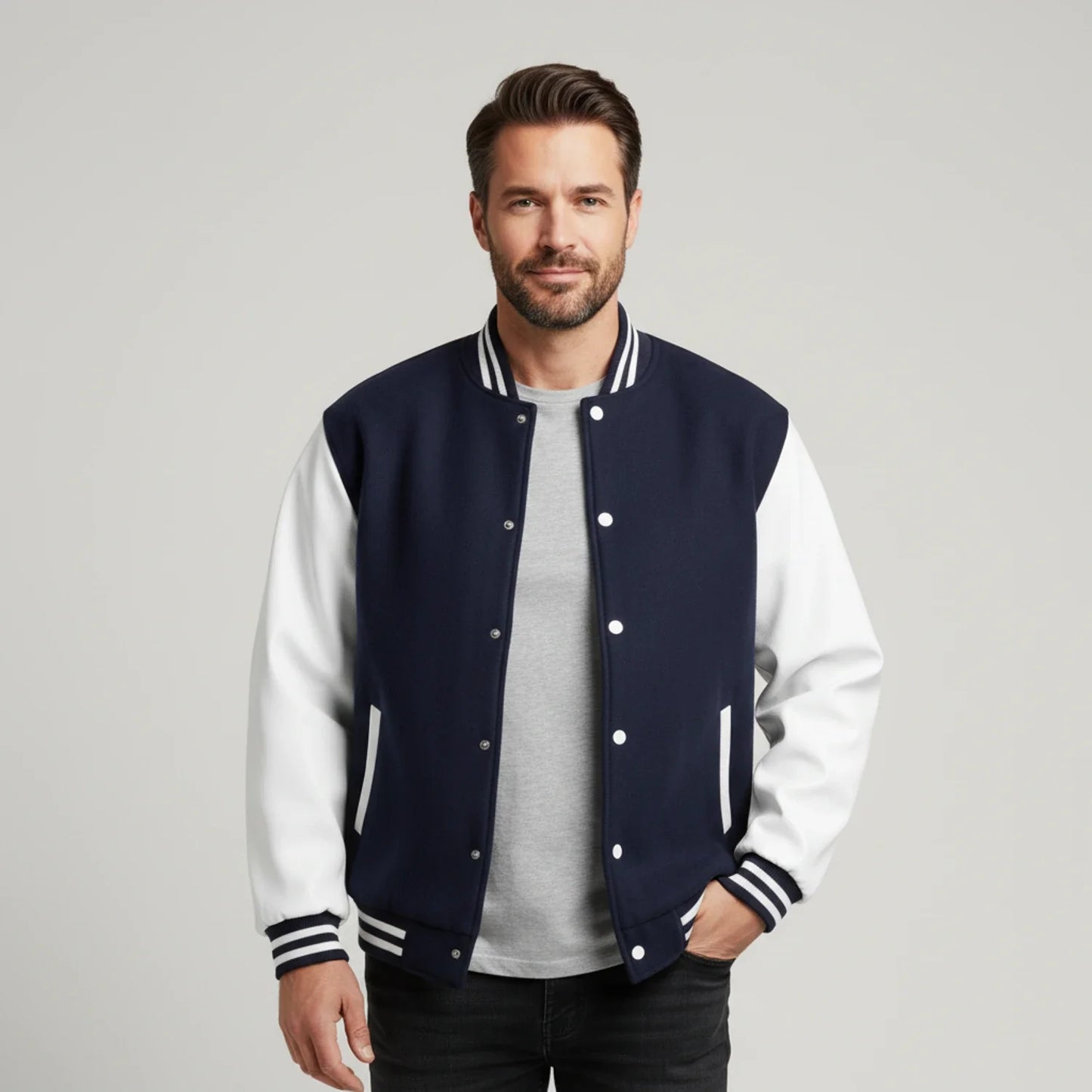 Men's black and white varsity jacket color block style with contrast sleeves and ribbed trim