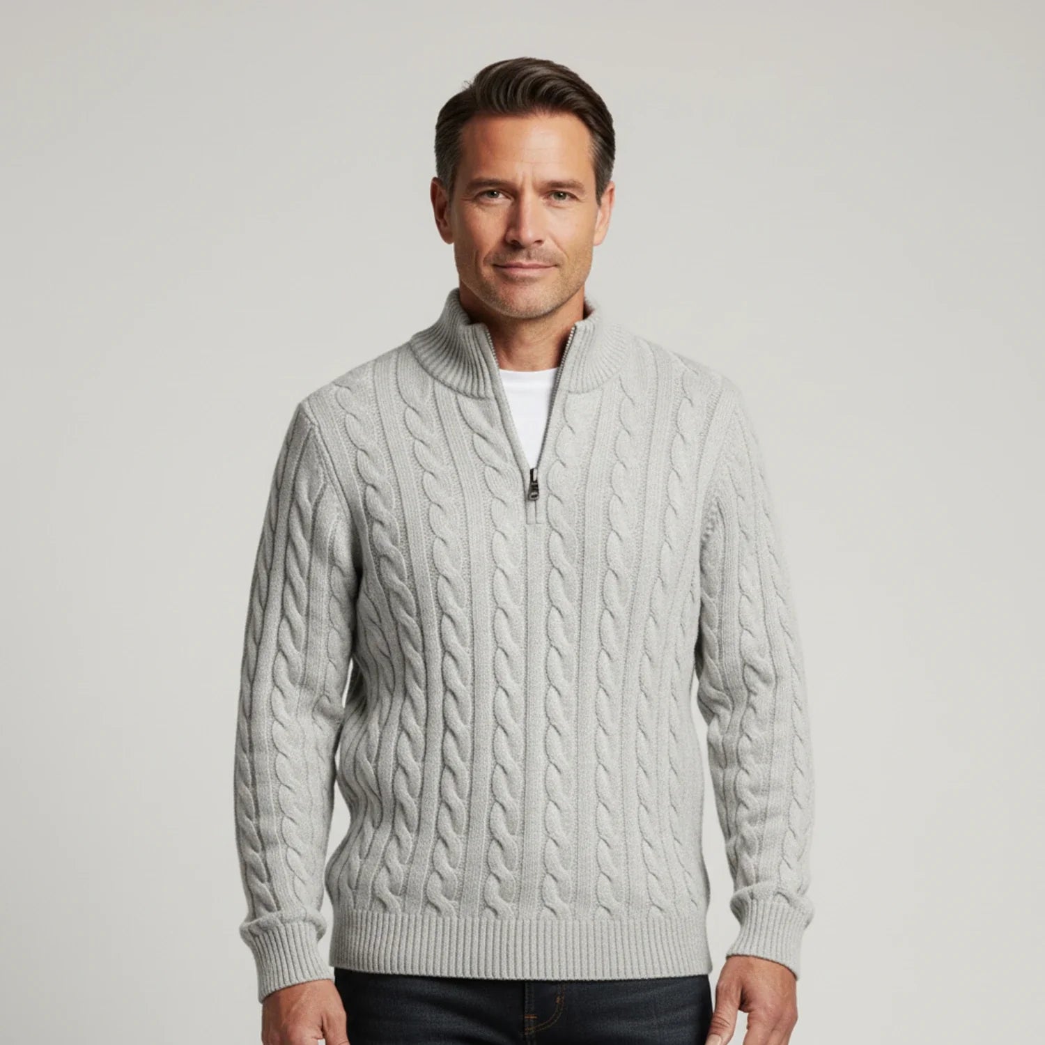 Men's grey cable knit zip neck sweater with stand collar, classic braided texture for layering