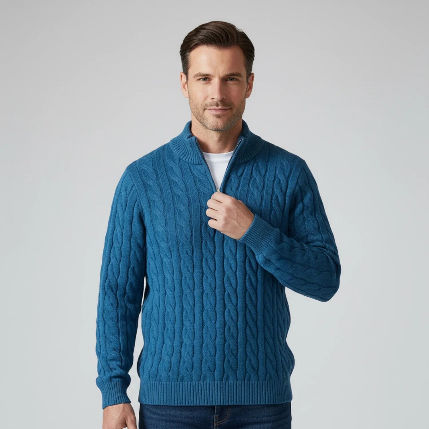 Men's cable knit zip neck sweater with stand collar, textured braided pattern for layering