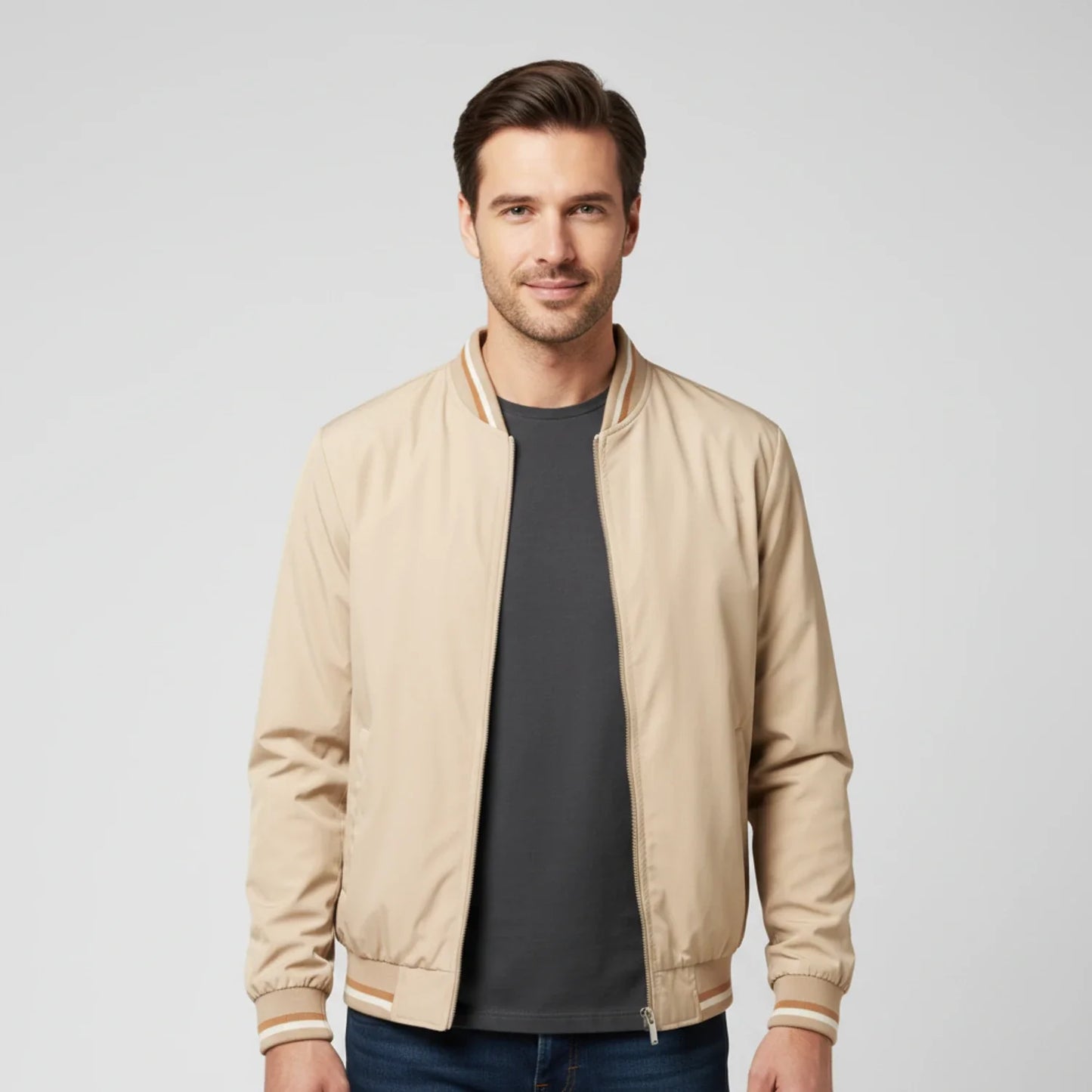 Men's lightweight navy blue zip-up bomber jacket with stand collar and sleek silhouette