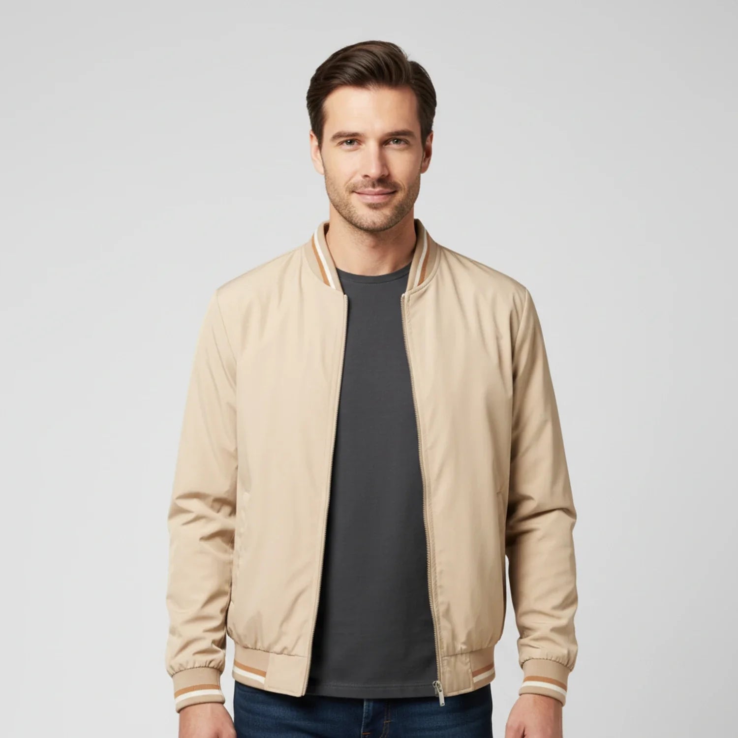 Men's lightweight navy blue zip-up bomber jacket with stand collar and sleek silhouette