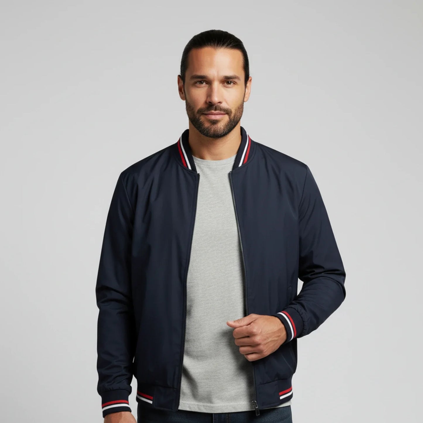 Men's lightweight navy bomber jacket with stand collar and full-length zip for sleek layering