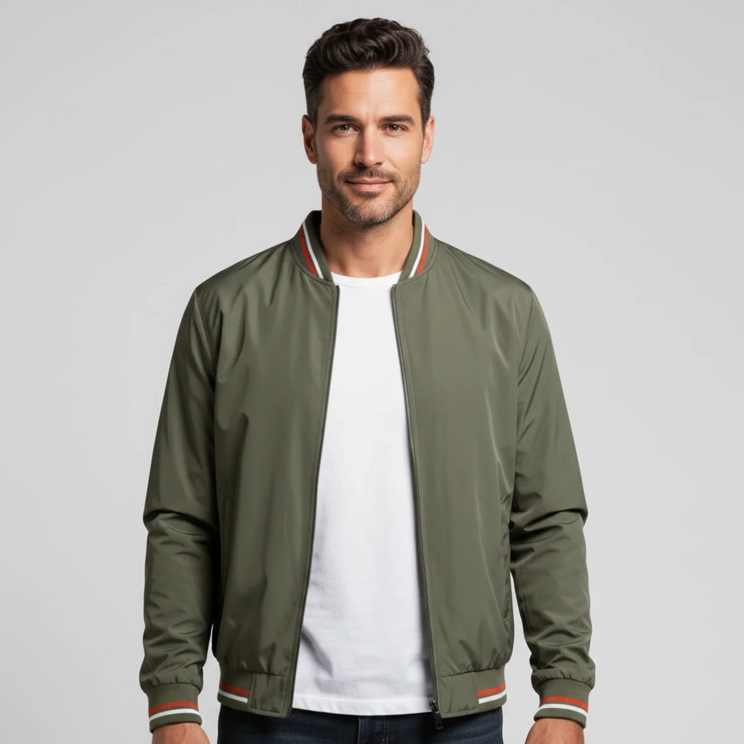 Men's lightweight navy bomber jacket with stand collar and full-zip front for versatile layering