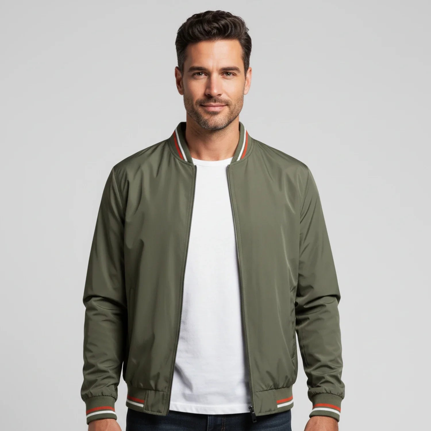 Men's lightweight navy bomber jacket with stand collar and full-zip front for versatile layering