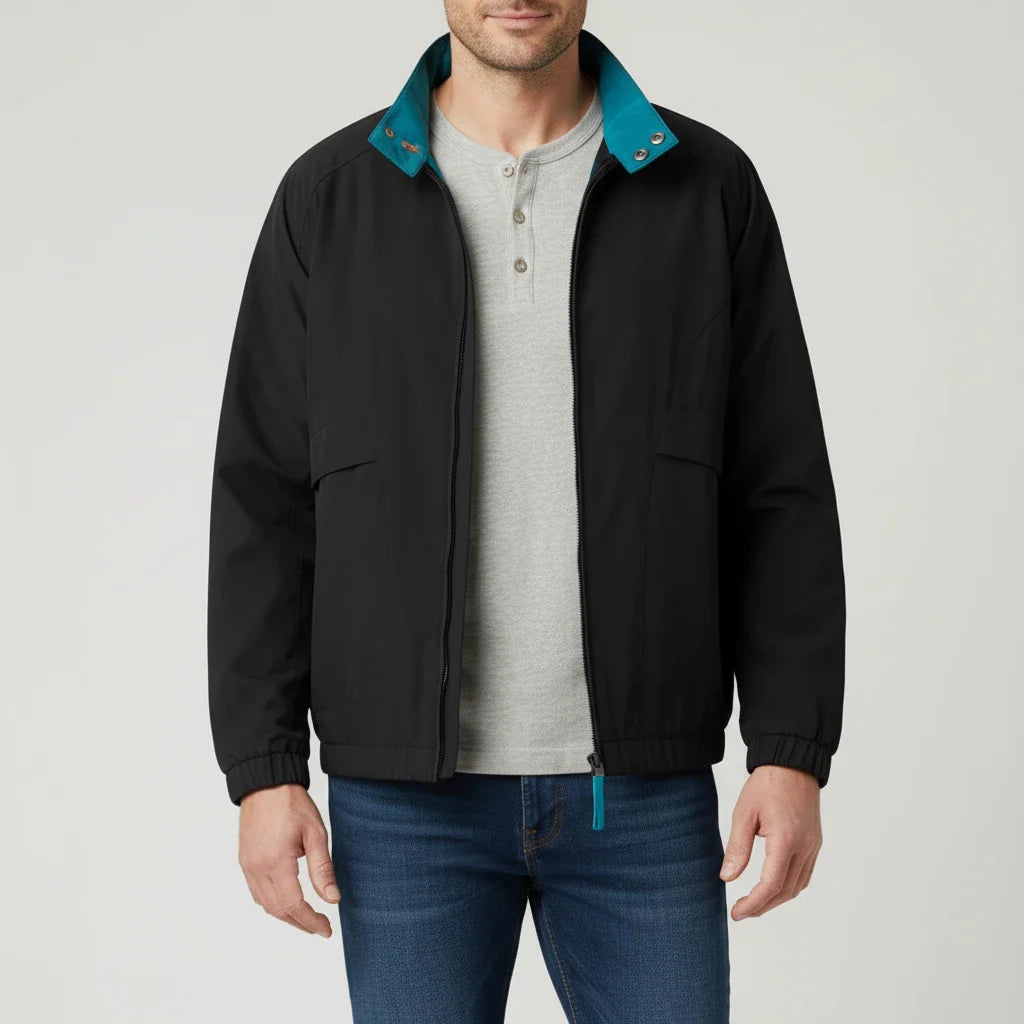 Men's lightweight windbreaker jacket with stand collar, zip-up closure, welt pockets, casual bomber fit