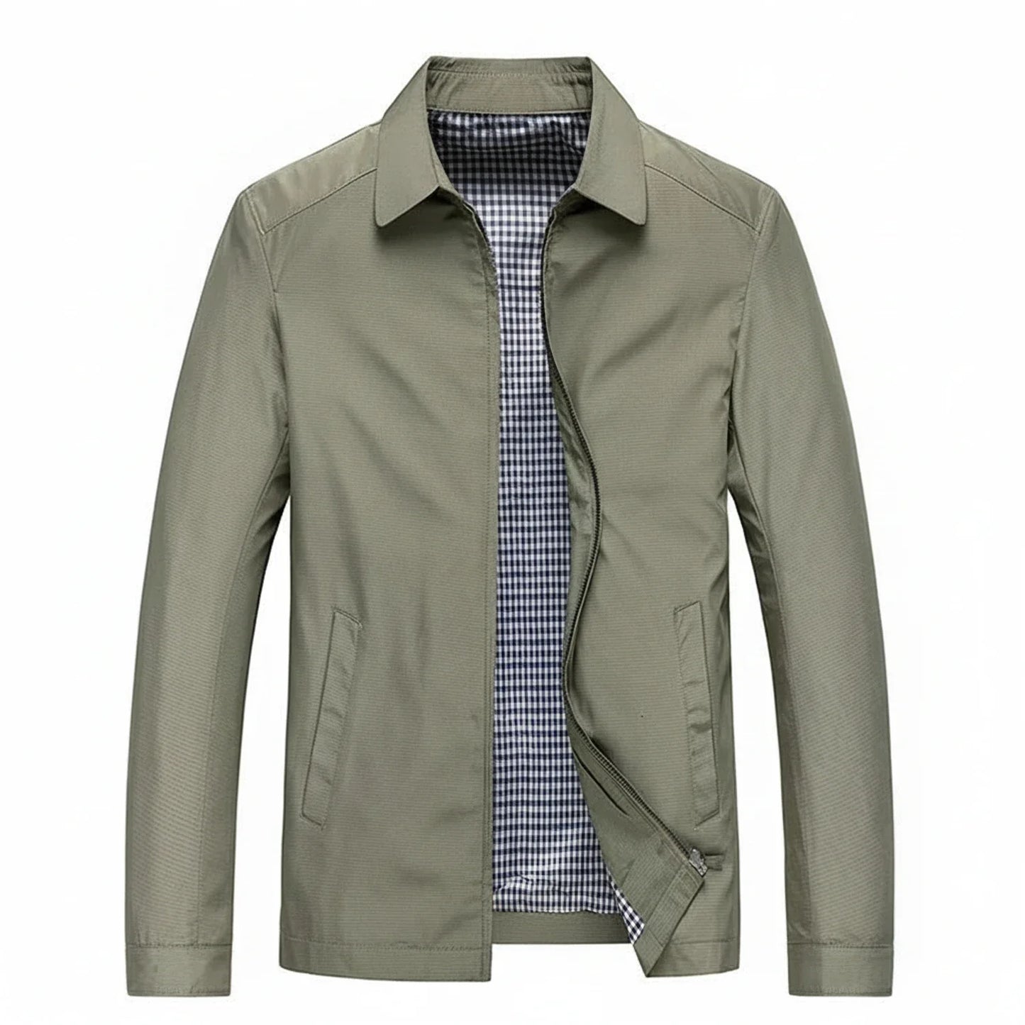 Men's lightweight zip-up jacket with collared silhouette and plaid lining, casual everyday style