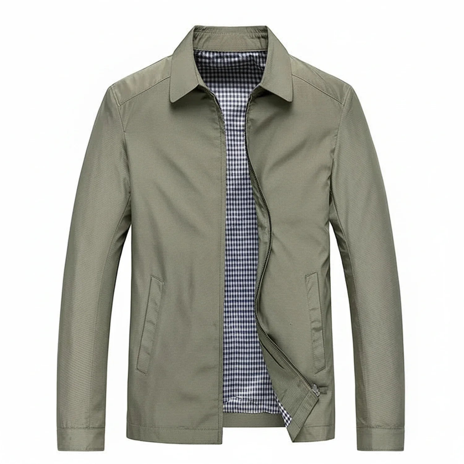 Men's lightweight zip-up jacket with collared silhouette and plaid lining, casual everyday style