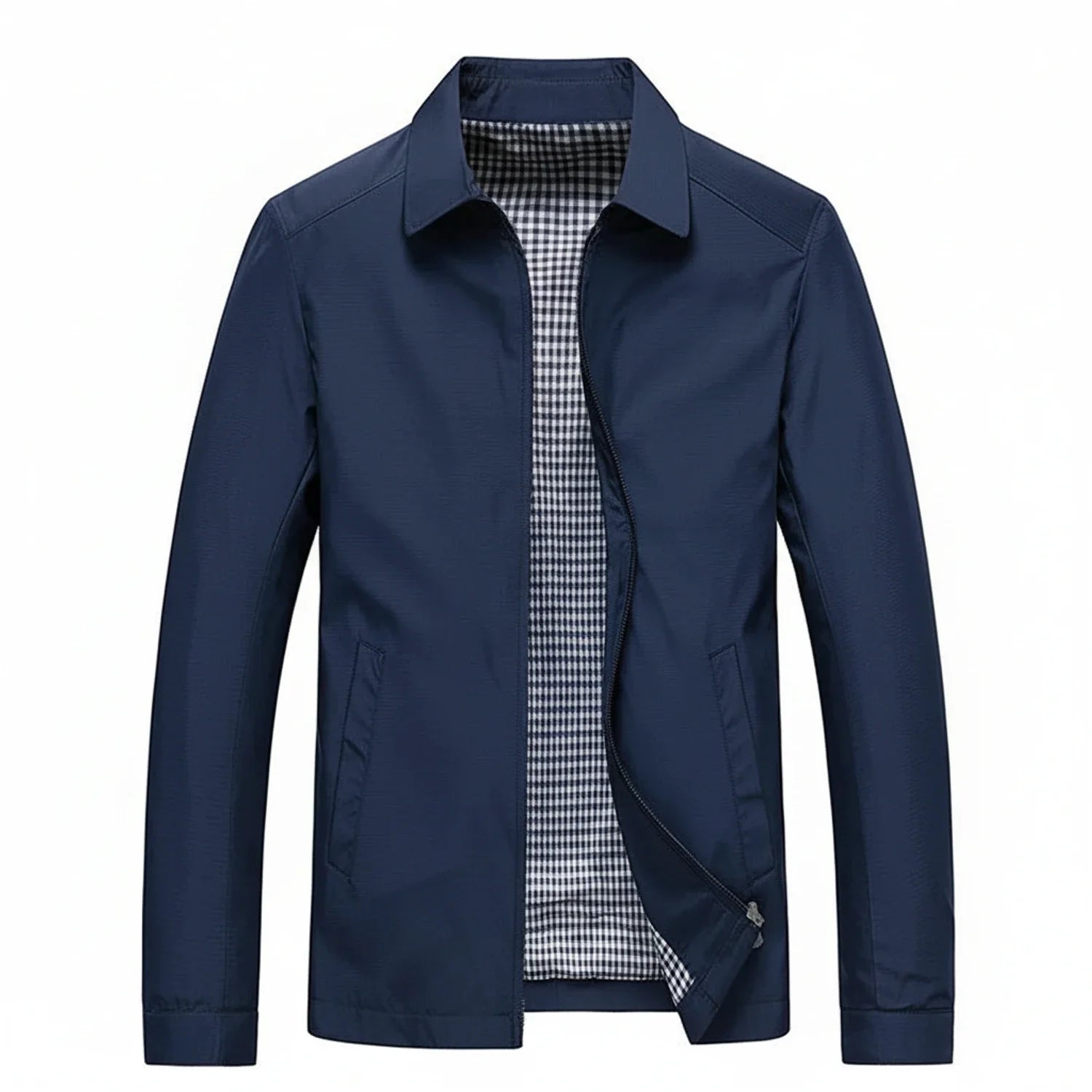 Men's lightweight zip-up jacket with collared silhouette and plaid lining, casual everyday style