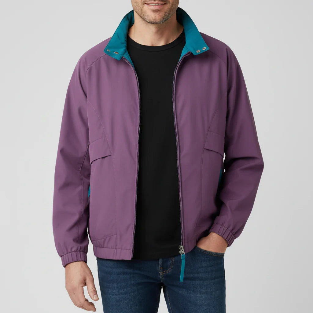 Men's lightweight windbreaker jacket with stand collar zip-up closure in casual bomber silhouette