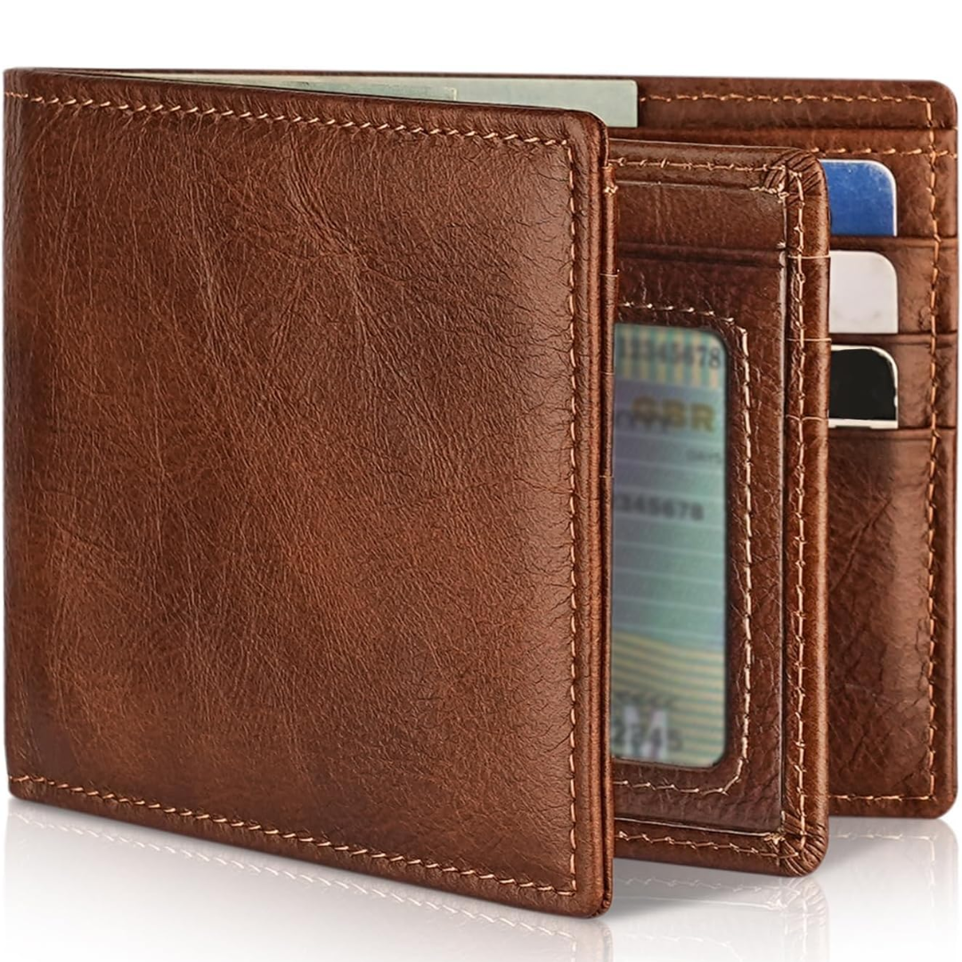 Sebastian Leather Bifold Wallet For Men With Stitched Edges And Multiple Card Slots Including ID Window For Everyday Use