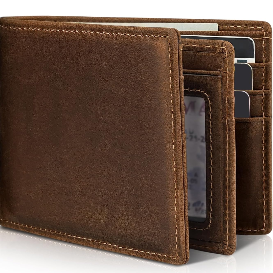 Sebastian Leather Bifold Wallet For Men With Stitched Edges And Multiple Card Slots Including ID Window For Everyday Use