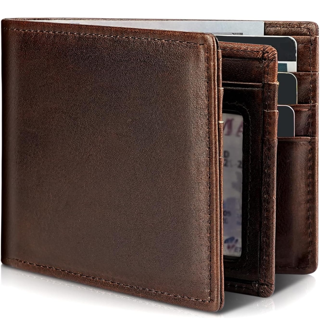 Sebastian Leather Bifold Wallet For Men With Stitched Edges And Multiple Card Slots Including ID Window For Everyday Use