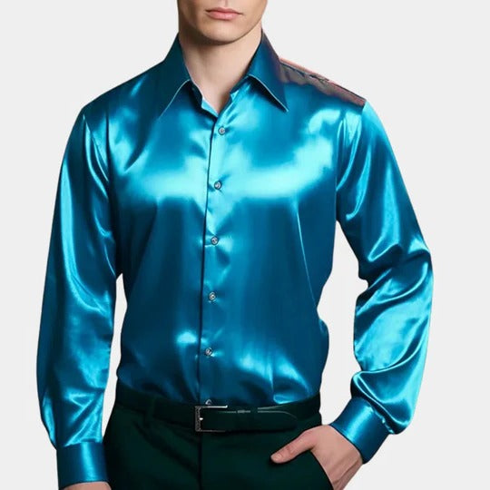 Men's slim-fit satin business shirt in solid tone, structured silhouette with minimalist formal design