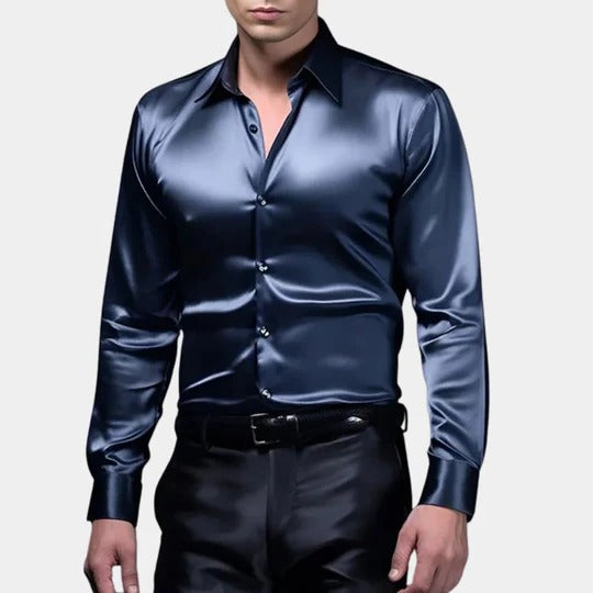 Men's slim-fit satin dress shirt in minimalist design with structured silhouette for formal office
