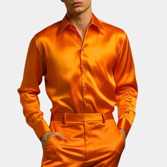 Men's slim-fit satin business shirt in minimalist design with structured silhouette for formal office