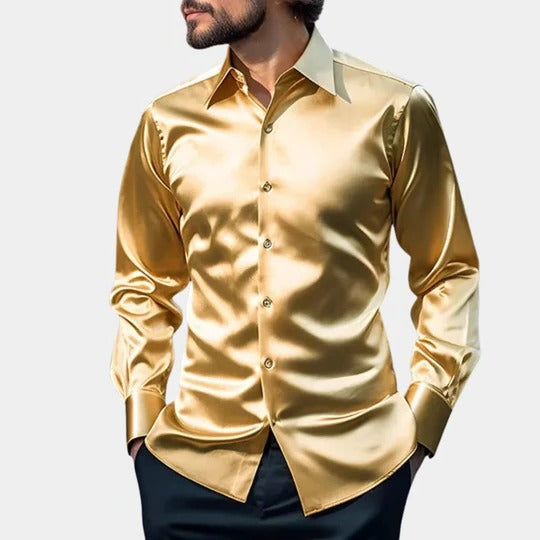 Men's slim-fit satin business shirt in minimalist design with structured silhouette for formal office