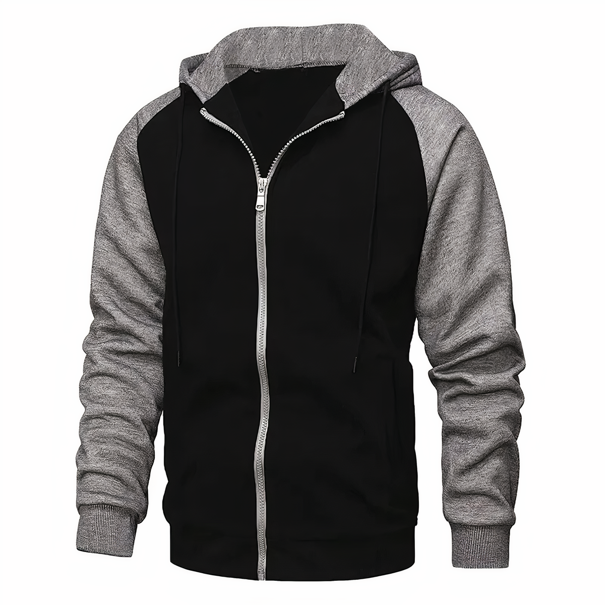 Men's two-tone gray and royal blue zip-up sports hoodie with contrast sleeves and hood