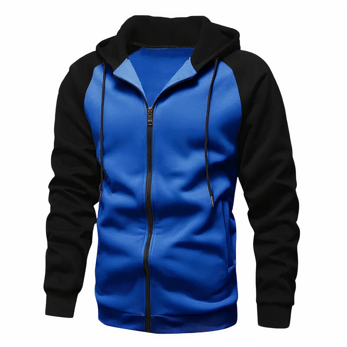 Kyle men's zip-up sports hoodie gray body royal blue sleeves hood lightweight casual athletic fit