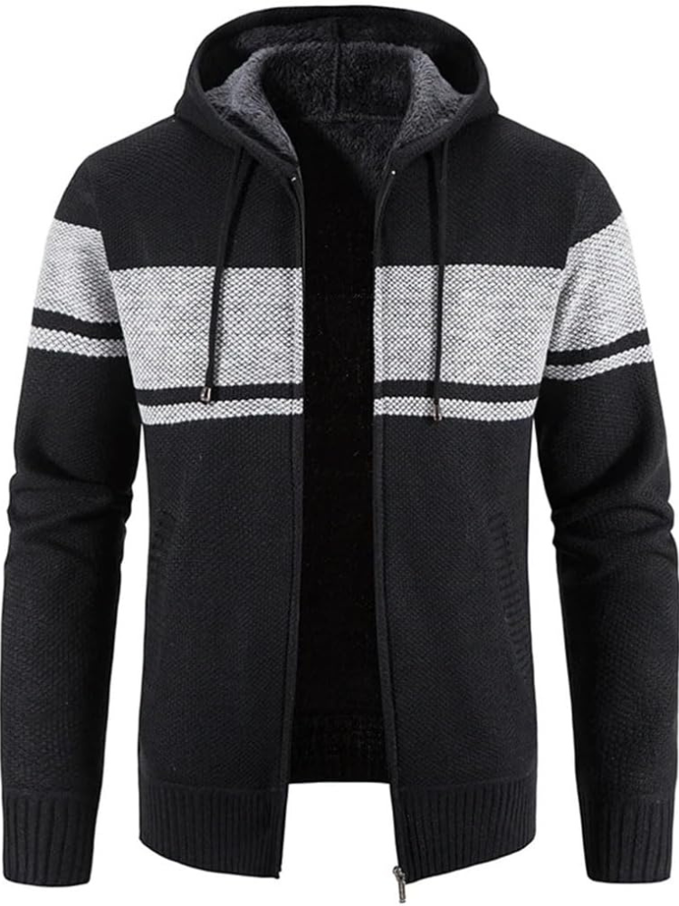 Men's grey hooded zip-front cardigan with fleece lining, cozy knit winter layering piece