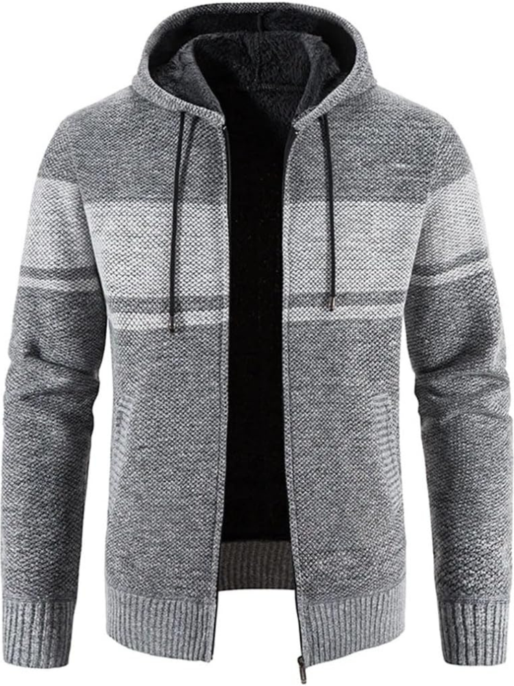Men's grey hooded zip-front cardigan with fleece lining, casual knit style for winter warmth