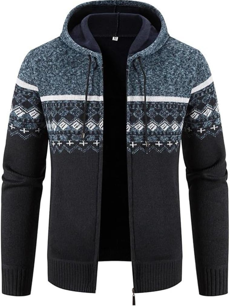 Men's heather gray hooded zip-front cardigan with fleece lining, relaxed fit winter knitwear
