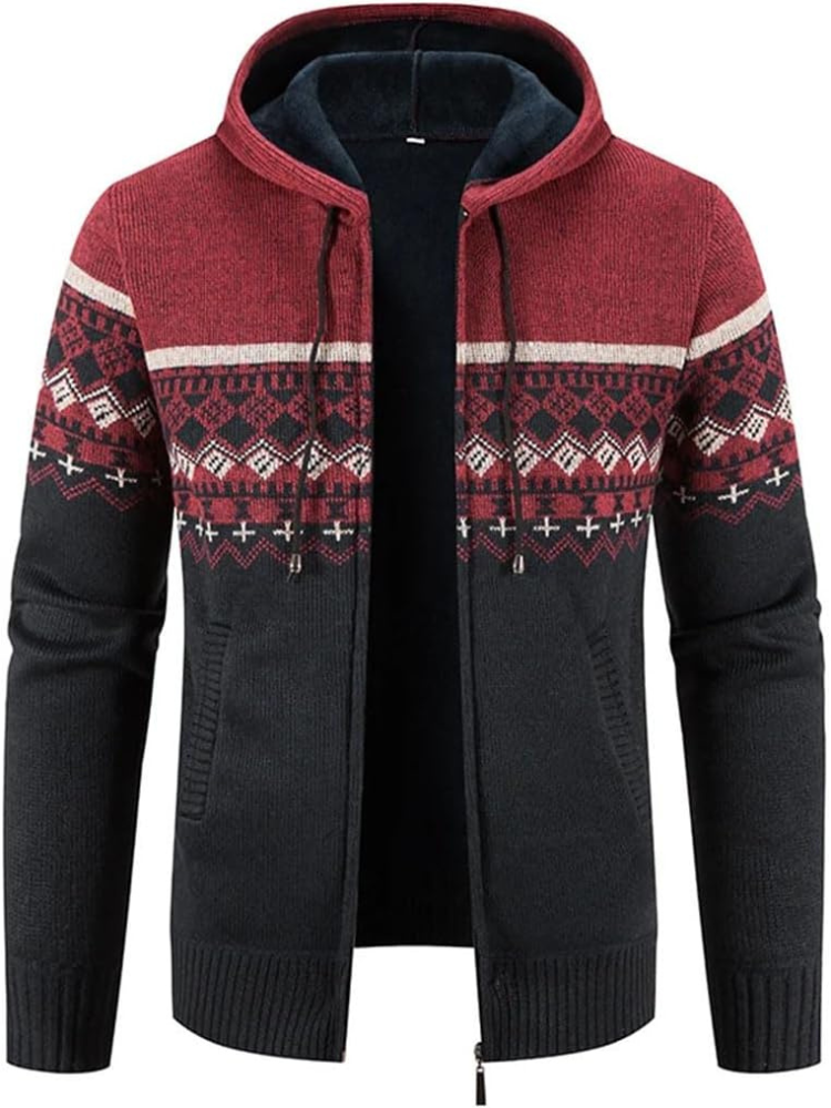 Men's gray hooded zip-front cardigan with fleece lining, ribbed knit texture for winter warmth