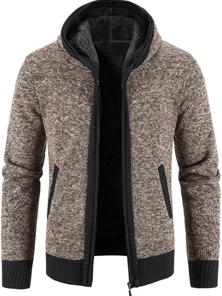 Men's grey hooded zip-front cardigan with fleece lining, relaxed fit knitwear for winter warmth