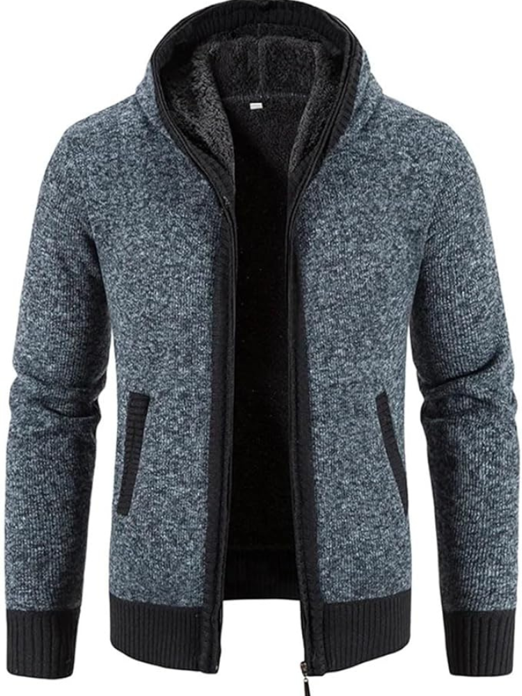 Men's gray hooded zip-front cardigan with fleece lining, ribbed knit texture for winter warmth