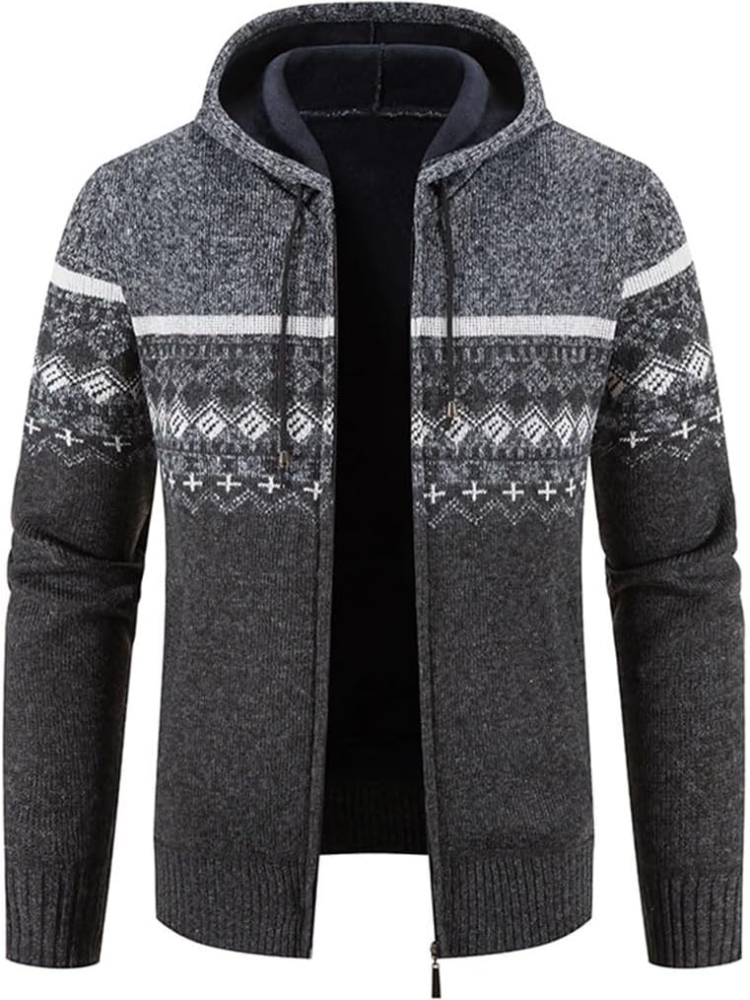 Men's grey hooded zip-front cardigan with fleece lining, ribbed knit texture for winter warmth