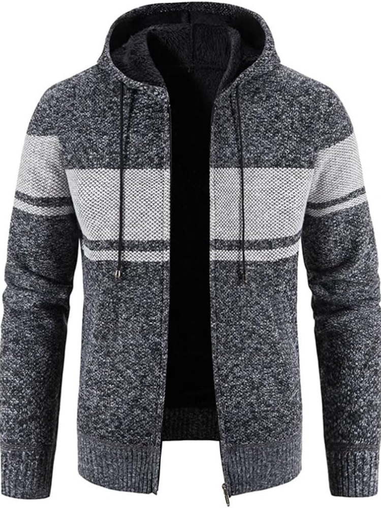 Men's grey hooded zip-front cardigan with fleece lining, cozy knit winter layering piece