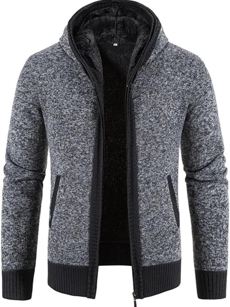 Men's grey hooded zip-front cardigan with fleece lining, relaxed fit knitwear for winter warmth