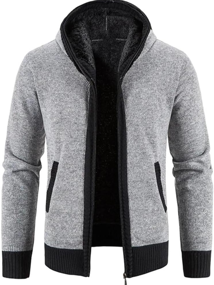 Men's grey hooded zip-front cardigan with fleece lining, casual knit style for winter warmth