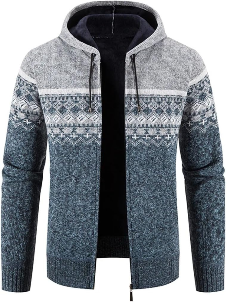 Men's gray hooded zip-front cardigan with fleece lining, warm knit winter layer with full-zip closure