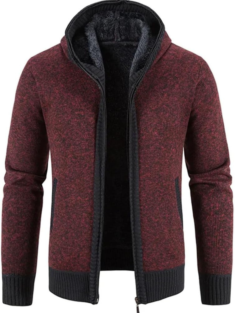 Men's grey hooded zip-front cardigan with fleece lining, cozy knit winter layer