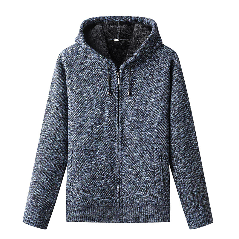 Men's casual full-zip winter hoodie warm thick textured knit navy blue relaxed fit cold-weather layer