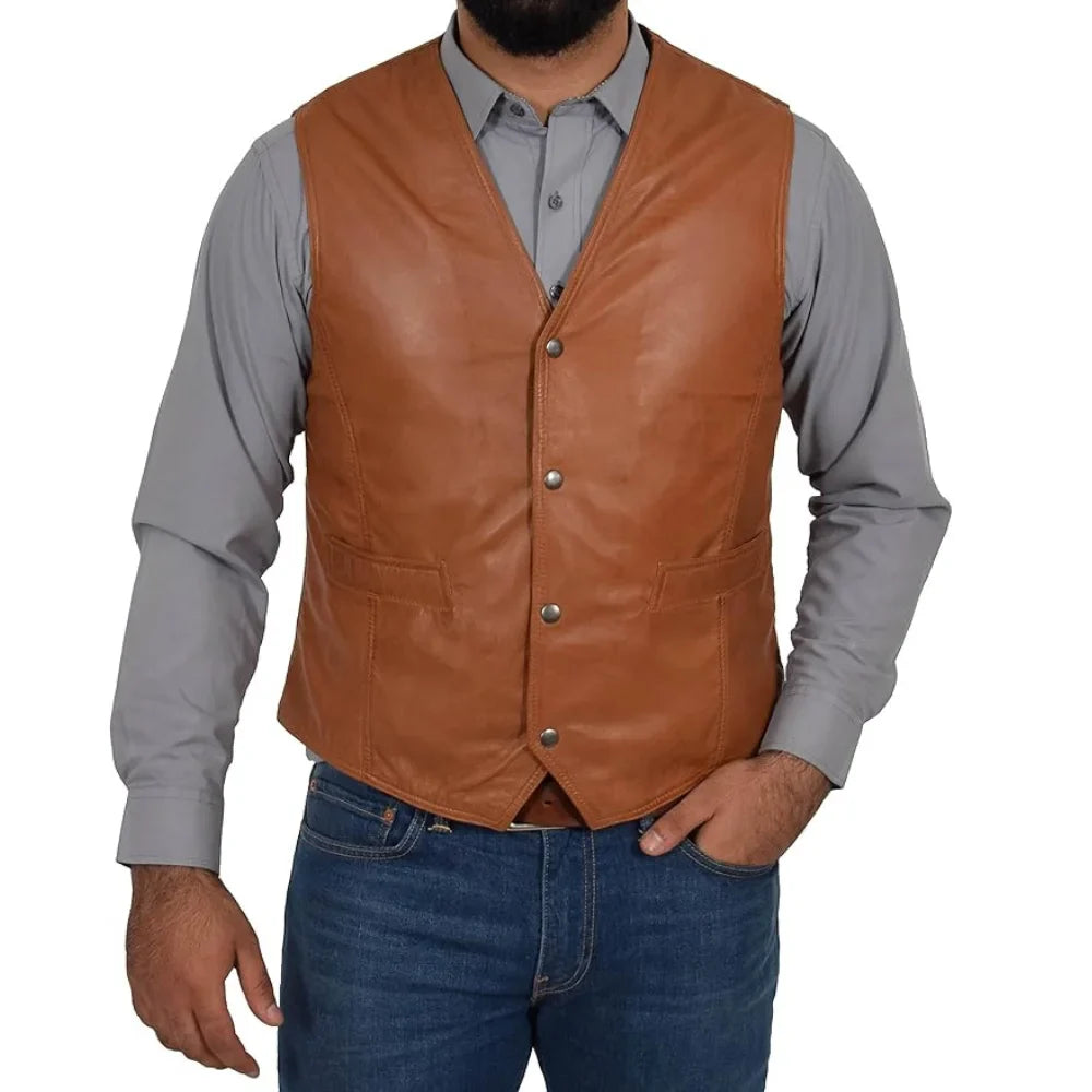 Men's vegan leather biker vest with soft viscose lining, rugged motorcycle style in classic black