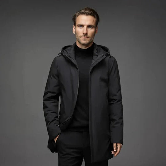 Men's dark winter parka with lined interior, clean silhouette, and functional side pockets