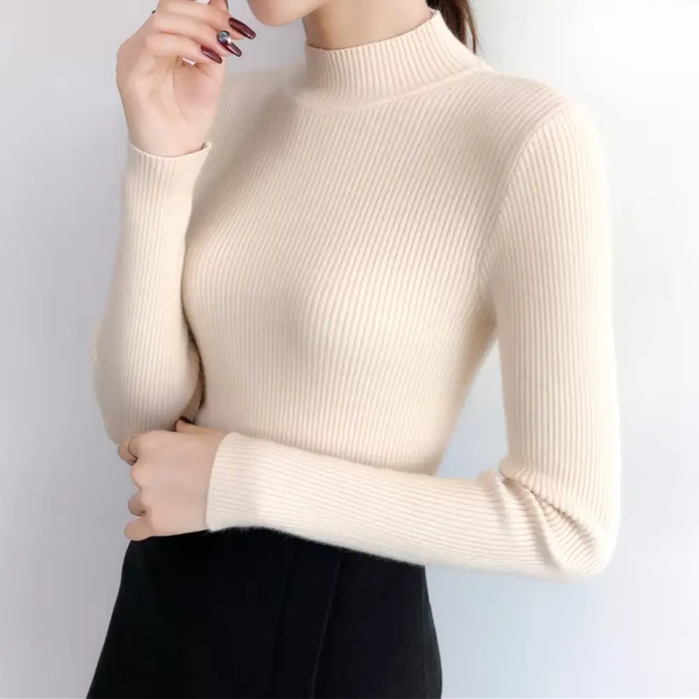 Women's soft knit mock neck sweater slim fit cozy chic everyday essential for cooler seasons