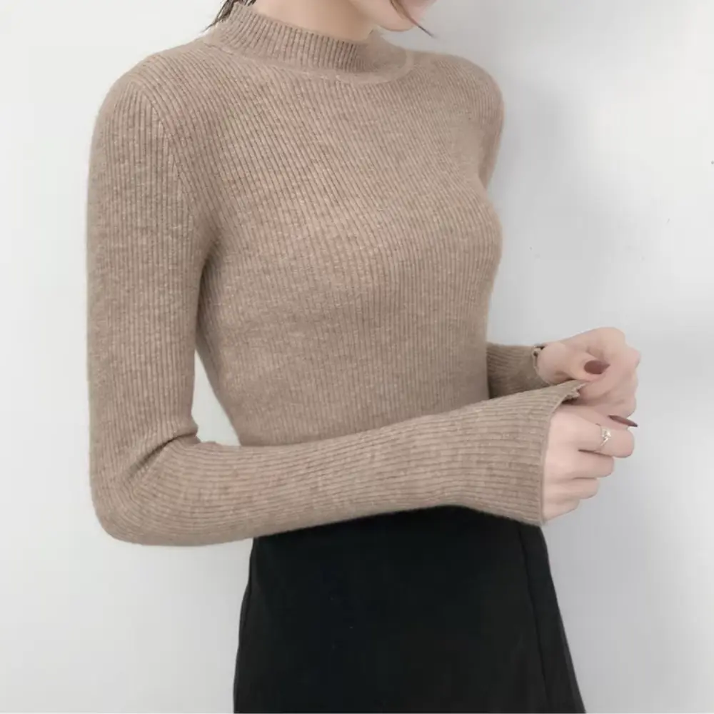 Women's slim fit mock neck knit sweater cozy soft chic everyday essential for fall winter