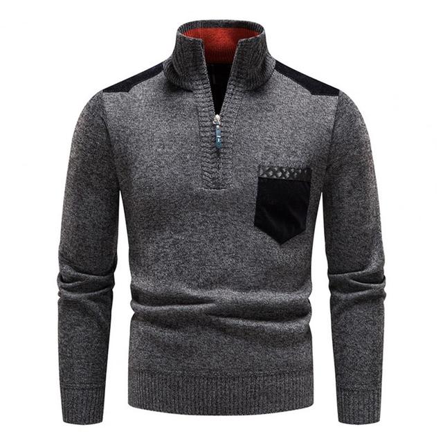 Men's half-zip knit pullover sweater with chest pocket, casual relaxed fit, versatile layering piece