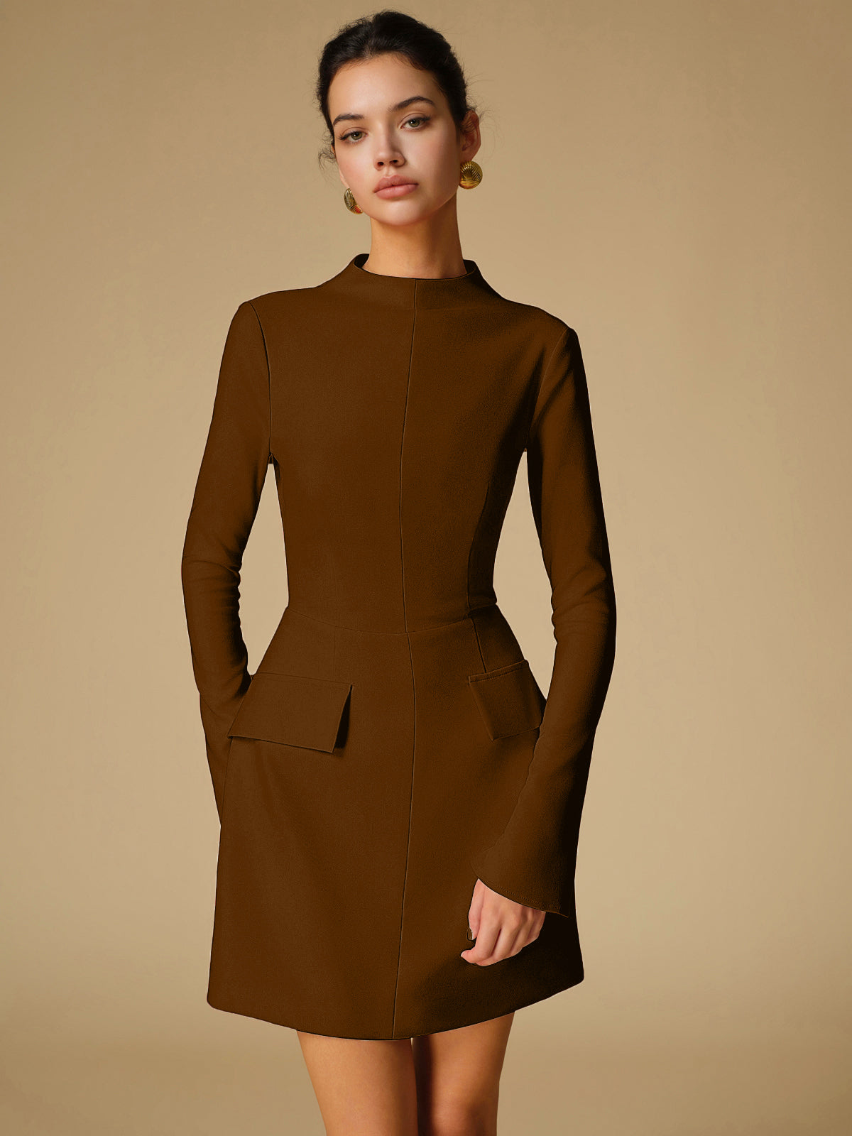 Women's minimalist solid mock neck long sleeve dress, sleek clean-line silhouette for casual elegance