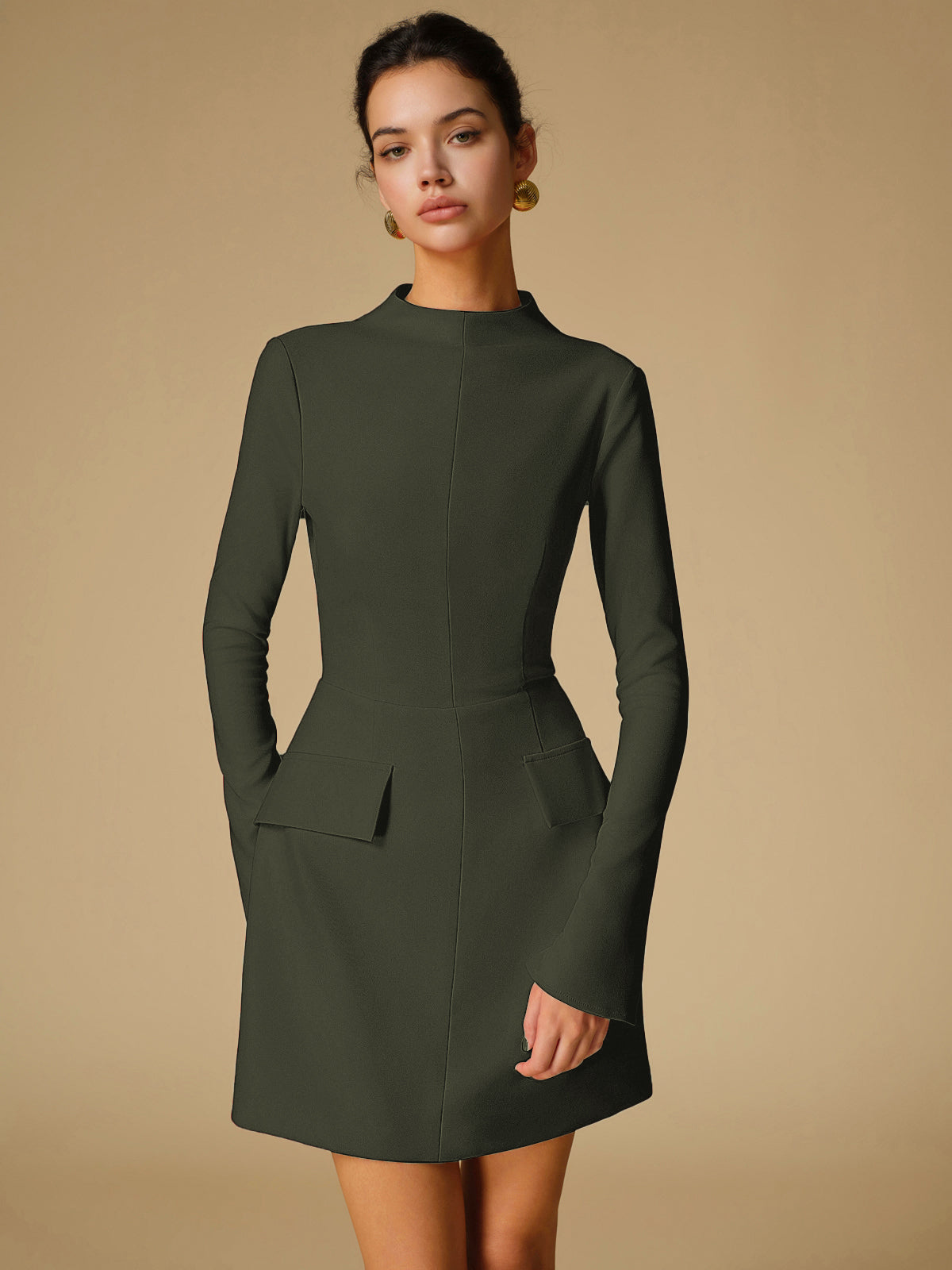Women's minimalist solid mock neck long sleeve dress with clean-line silhouette for versatile styling