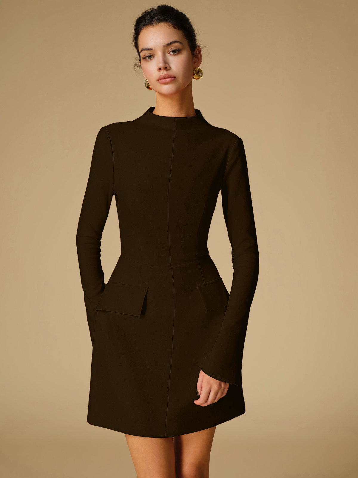 Women's minimalist solid mock neck long sleeve dress, clean silhouette for casual elegance