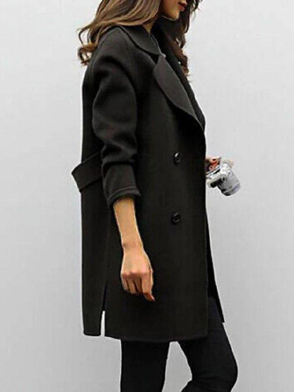 Women's long double-breasted winter coat in classic style with statement buttons for work to evening