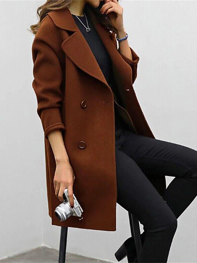 Women's long double-breasted winter coat in classic style with statement buttons for work to evening