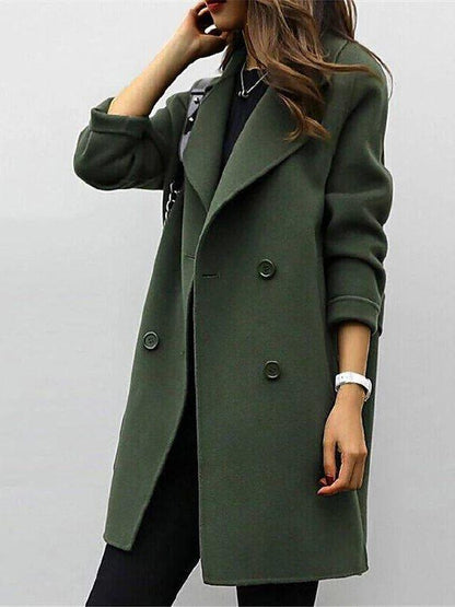 Women's long double-breasted winter coat in classic style with statement buttons for work to evening